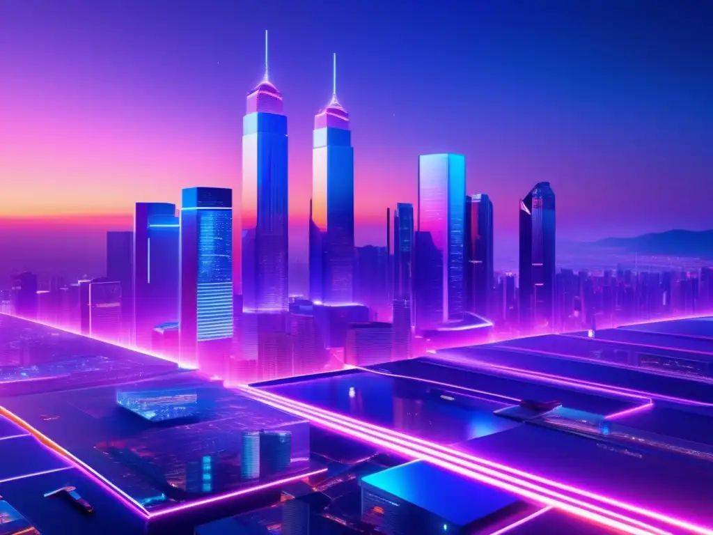 Futurista ciudad con DeFi en la noche Futurista ciudad con DeFi integrado: Estrategias DeFi mercado cambiante