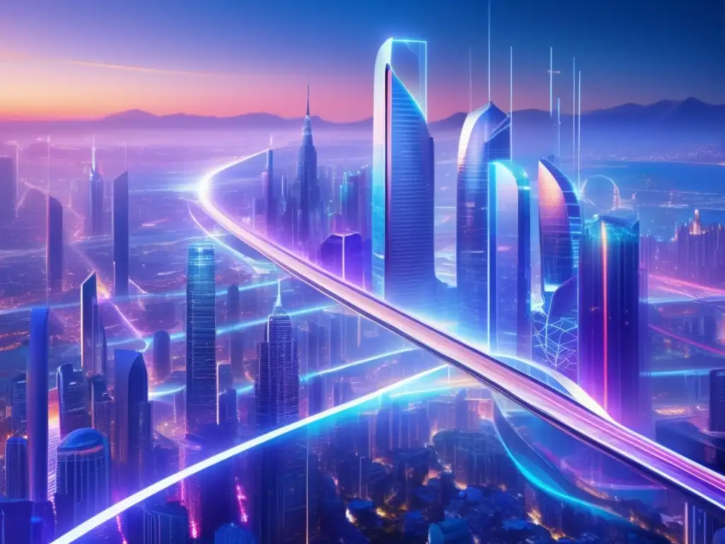 Futurista ciudad con arquitectura de vidrio transparente y hologramas Futurista ciudad blockchain: guía práctica de inversiones en blockchain