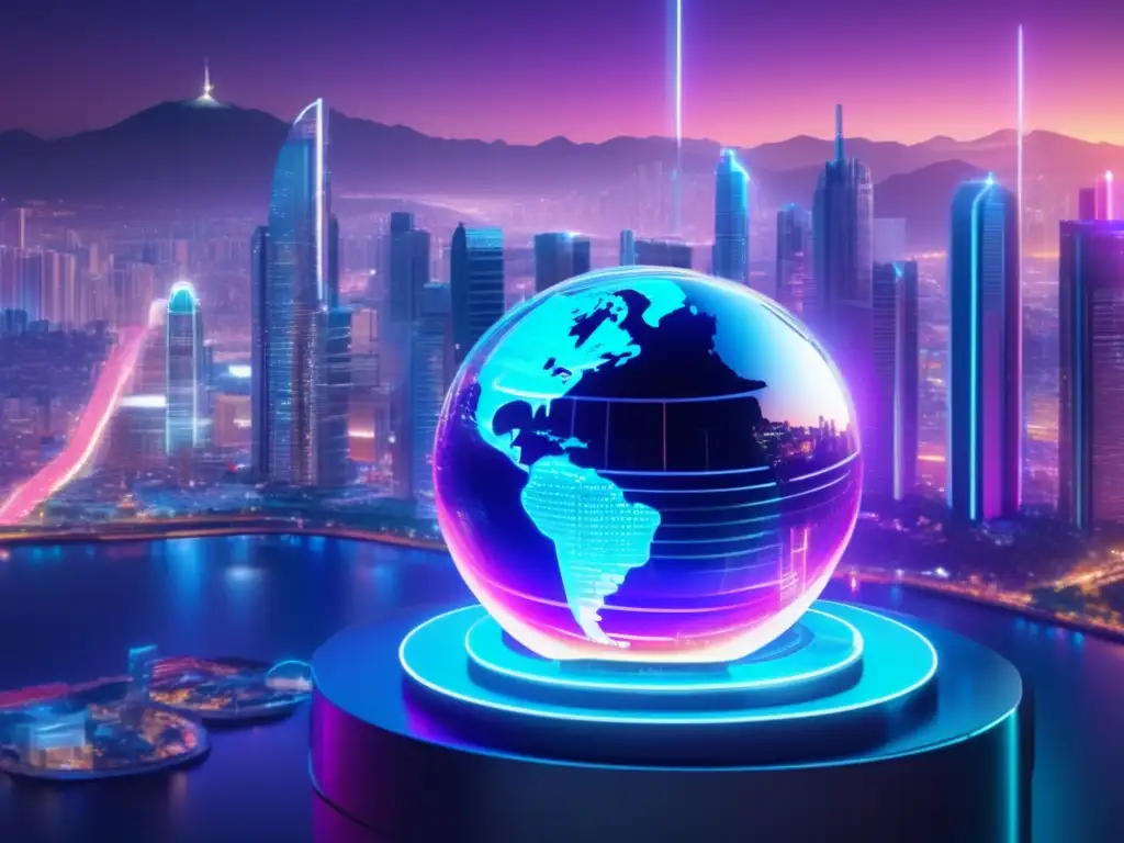 Futurista ciudad de América Latina con rascacielos iluminados Futurista ciudad latinoamericana con rascacielos iluminados y banderas de América Latina