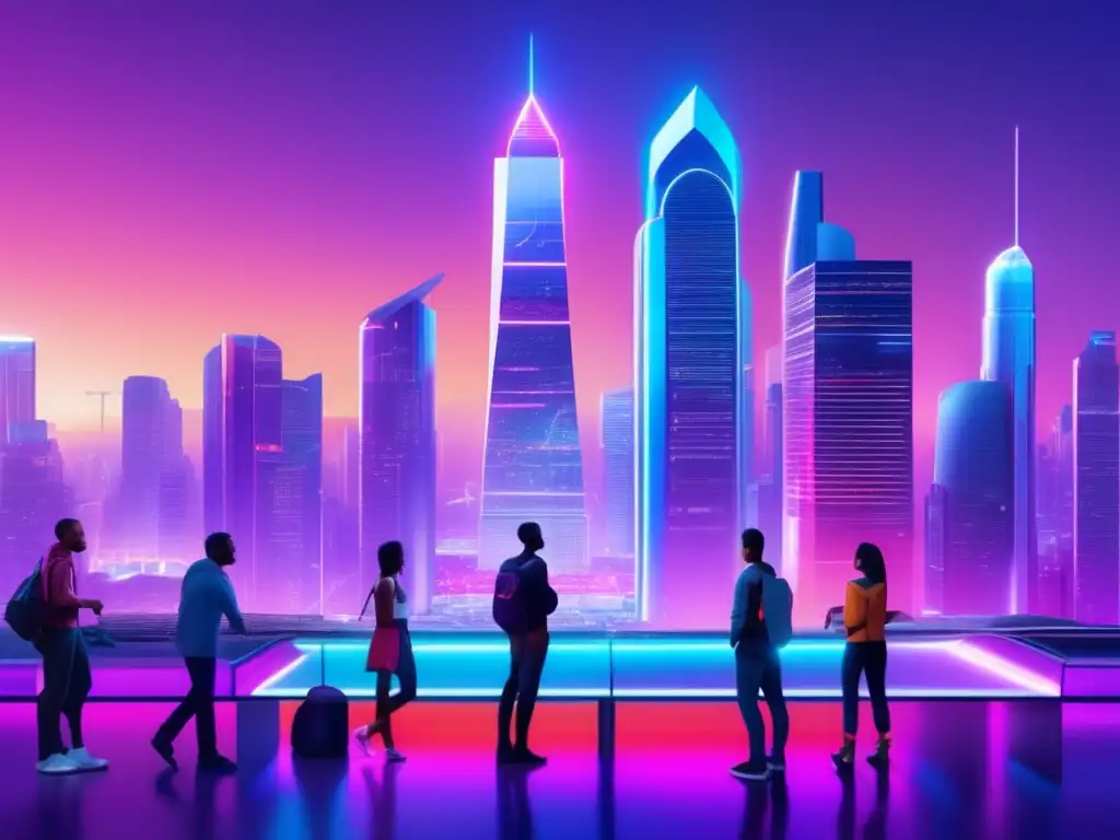 Futurista ciudad EOS con rascacielos de cristal y acero Futurista ciudad EOS: modernidad, innovación, comunidad, criptomonedas, aplicaciones descentralizadas