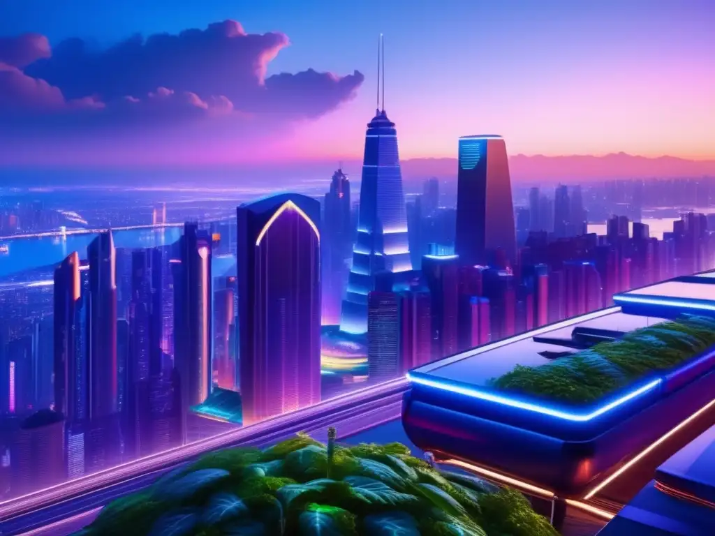 Futurista ciudad en 8k con tecnología y naturaleza Futurista ciudad criptográfica, tecnología y naturaleza se mezclan