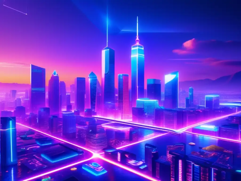 Ciudad futurista con NFTs y profesionales de negocios Futurista ciudad con NFTs en el mercado financiero