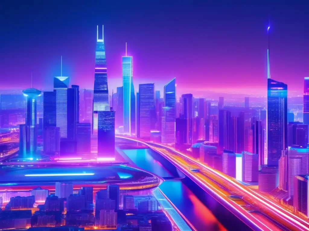 Ciudad futurista con luces de neón Futurista ciudad de noche, con luces neón destacando la industria Fintech y la democratización del dinero digital