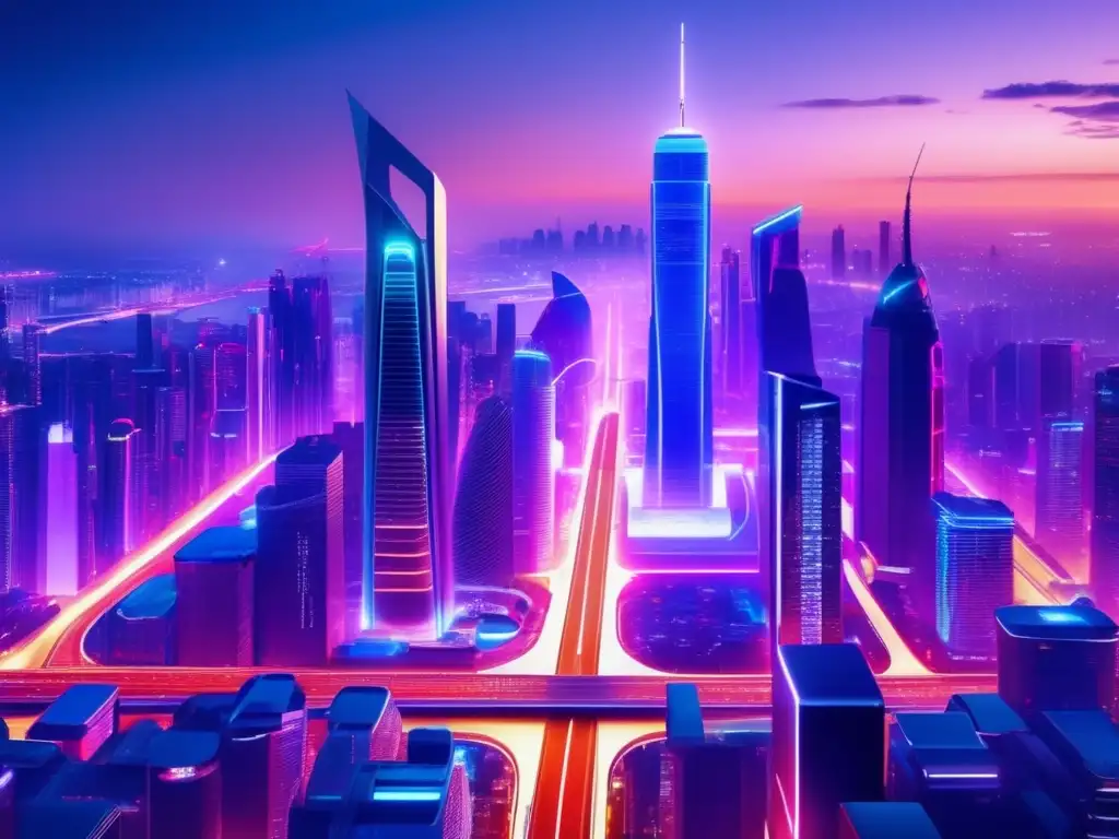 Futurista ciudad nocturna con rascacielos y luces neón Futurista ciudad de noche con rascacielos, tecnología avanzada, autos autónomos y cartelera digital de altcoins