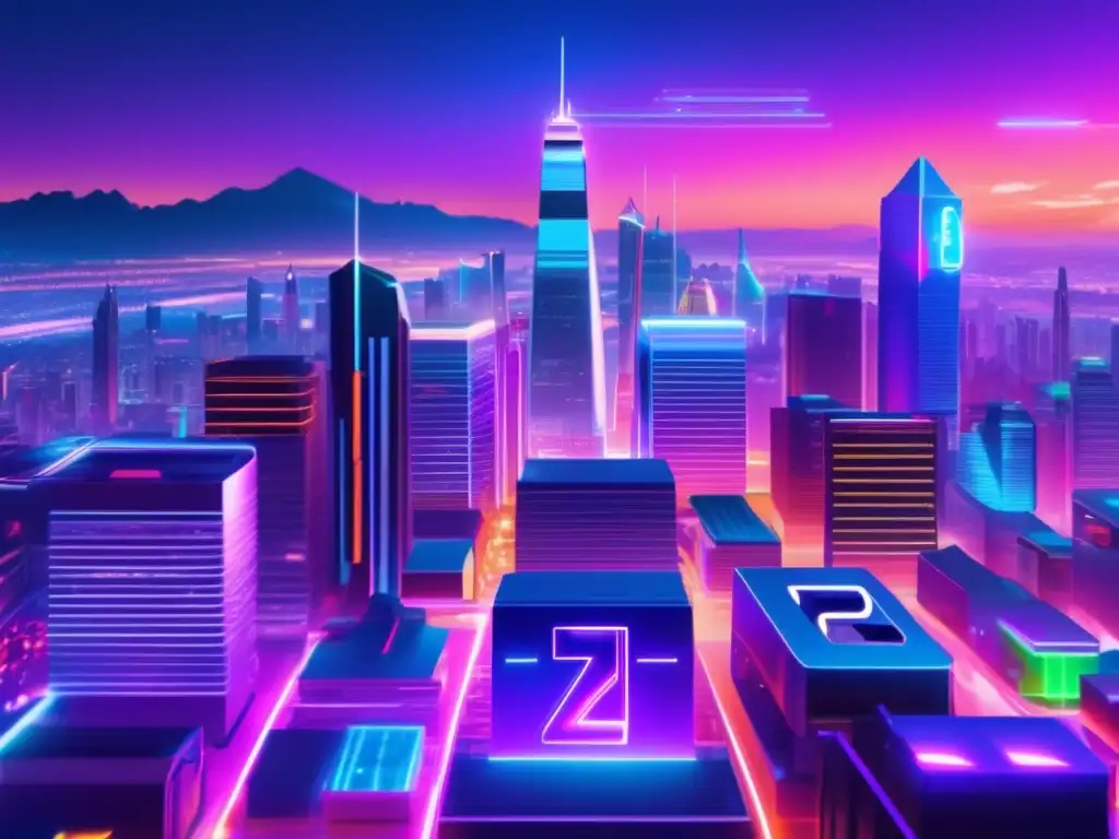 Ciudad futurista iluminada por luces de neón y símbolos de criptomonedas Futurista ciudad nocturna con criptosímbolos: Sesgos cognitivos en criptomonedas