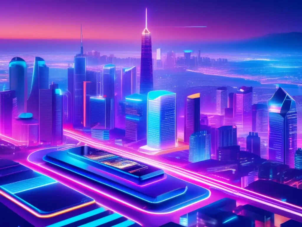 Futuro financiero: ciudad vibrante y tecnológica Futurista ciudad nocturna, diversidad financiera 2023, criptomonedas, tecnología, innovación (110 caracteres)