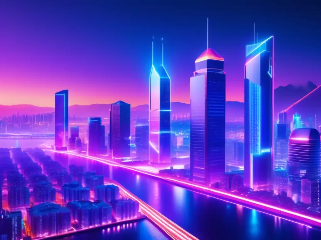 Futuro tecnológico en blockchain Futurista ciudad nocturna iluminada por luces de neón con hologramas de blockchain y algoritmos