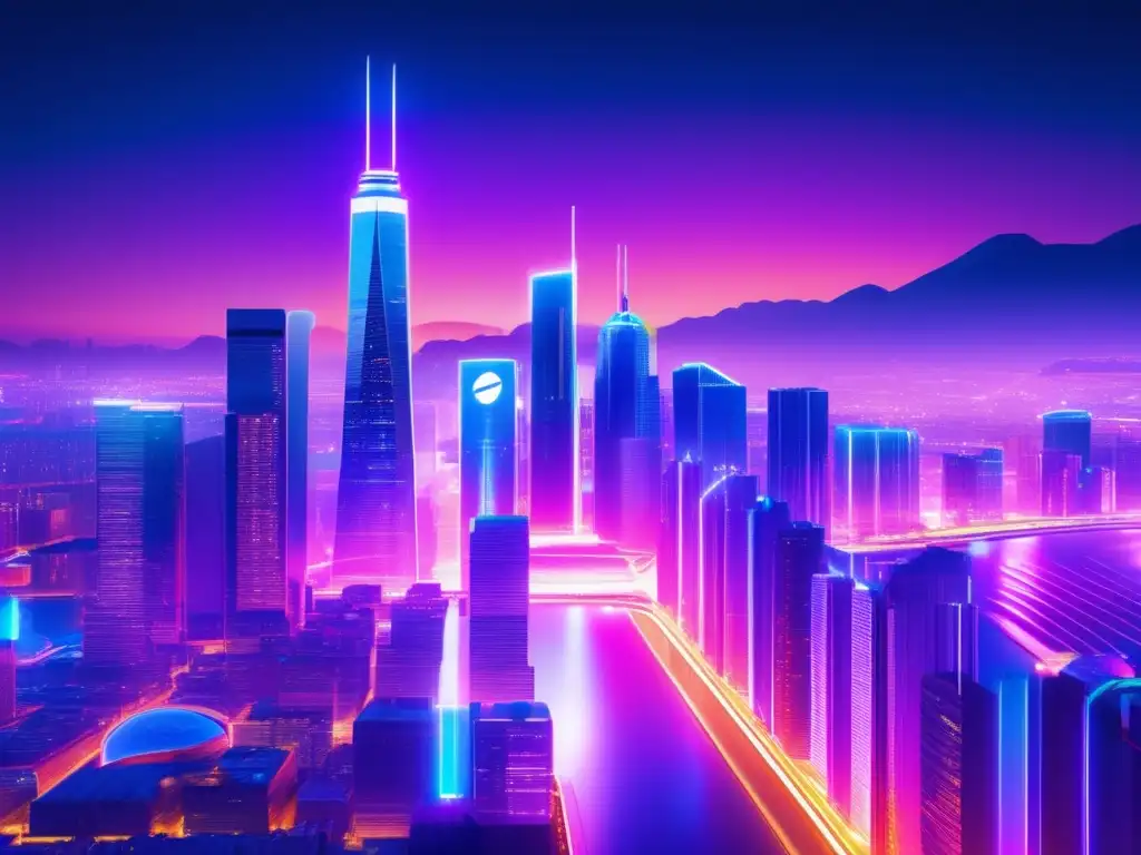 Futurista ciudad nocturna con criptomonedas Futurista ciudad nocturna iluminada por luces neón, con rascacielos reflejando arquitectura moderna