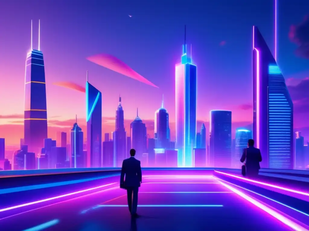 Futuro ciudad iluminada con neón y regulaciones Futurista ciudad nocturna con luces neón vibrantes, rascacielos modernos, hovercars y una persona en plataforma transparente