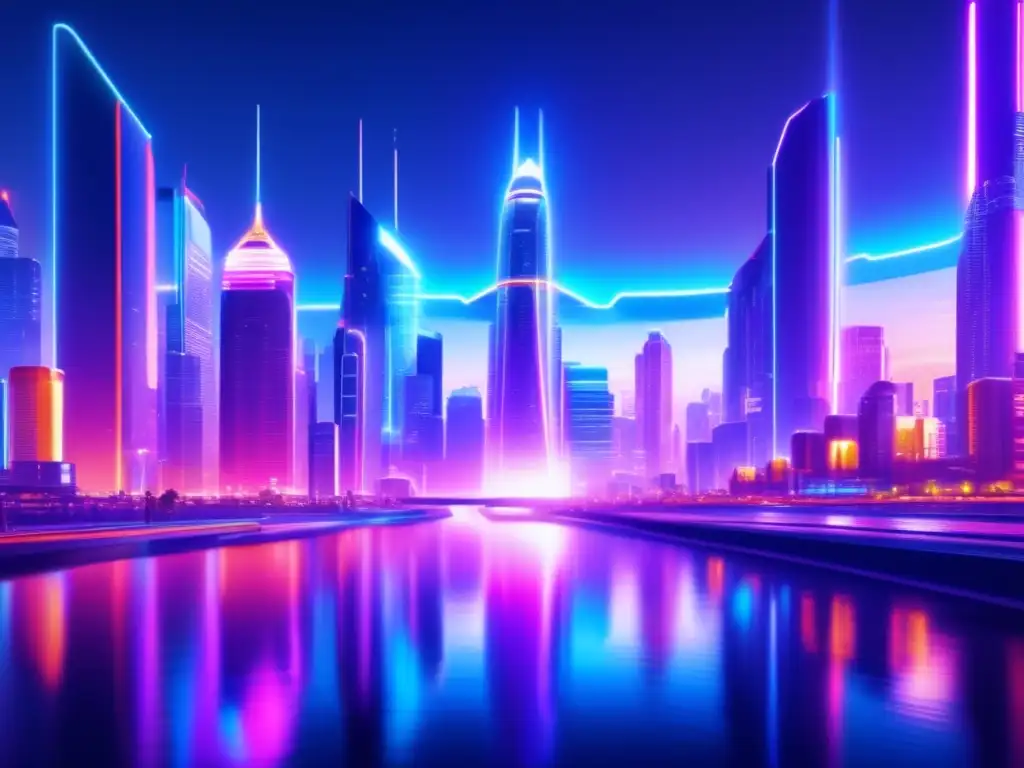 Futurista ciudad nocturna con rascacielos y neones Futurista ciudad nocturna con rascacielos, luces neón, actividad frenética y poder de la información financiera