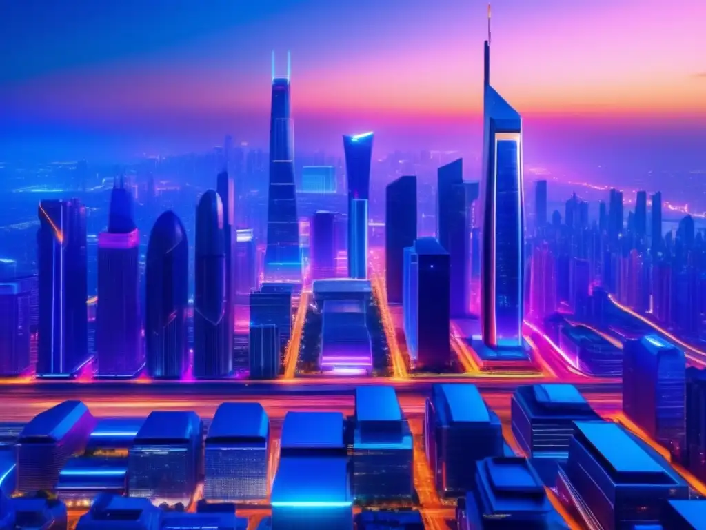 Imagen: Ciudad futurista con rascacielos iluminados Futurista ciudad nocturna con rascacielos iluminados y vehículos eléctricos - Inversión pasiva en ETFs: la revolución financiera
