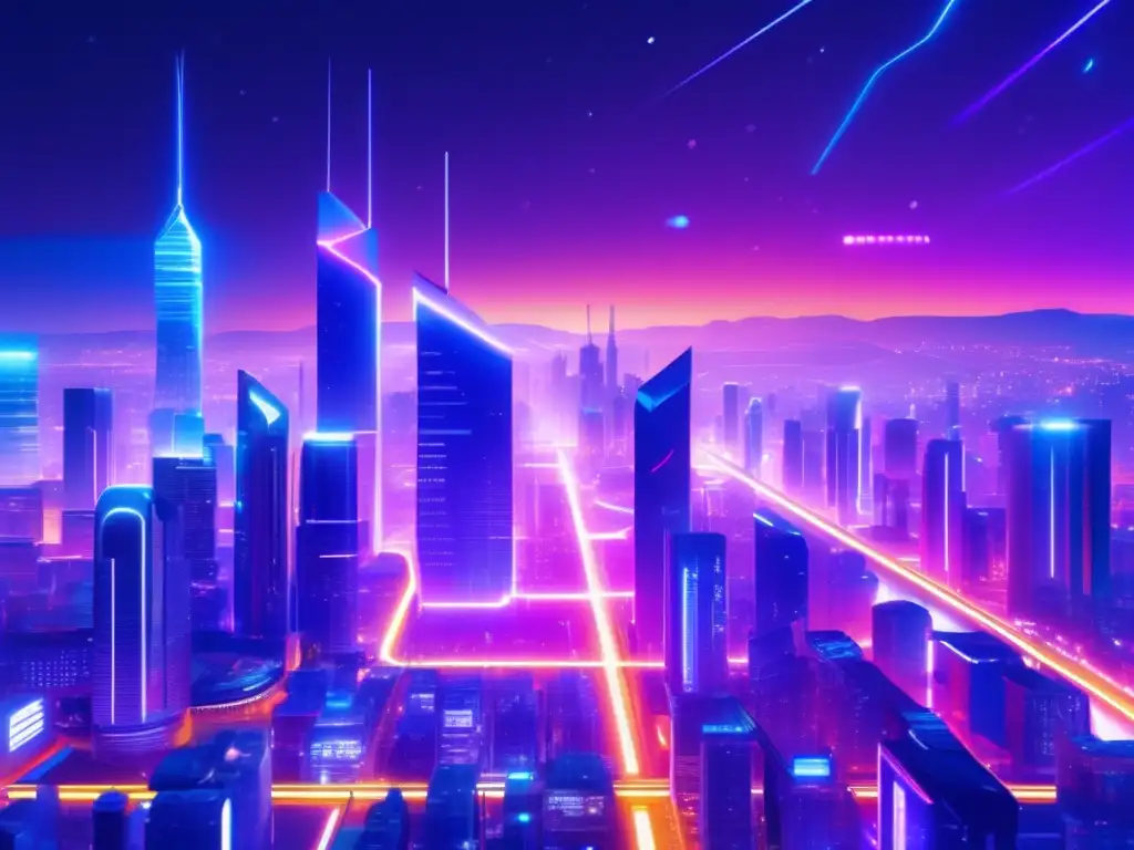 Futurista ciudad nocturna con Algorand Futurista ciudad nocturna en 8k con rascacielos, luces neón y seguridad blockchain de Algorand