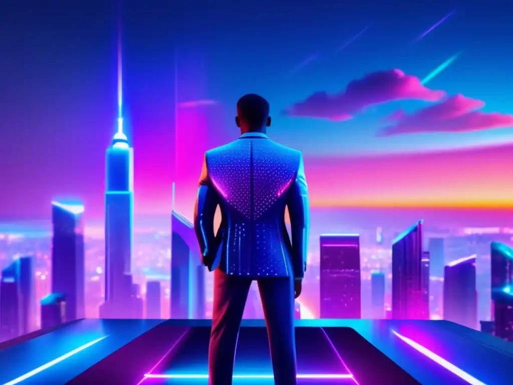 Futurista ciudad nocturna con hologramas y privacidad avanzada Futurista ciudad nocturna con rascacielos holográficos y figura en traje de alta tecnología