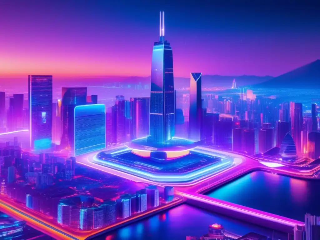 Futurista ciudad nocturna con rascacielos iluminados Futurista ciudad nocturna con rascacielos iluminados por luces neón, regulaciones gubernamentales y eventos económicos en una imagen de criptoanálisis