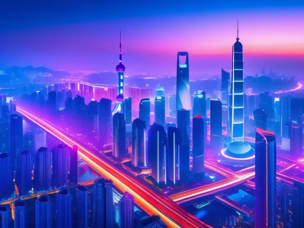 Ciudad futurista iluminada con luces de neón Futurista ciudad nocturna con rascacielos iluminados por luces de neón