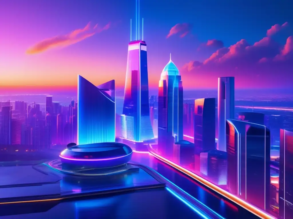 Ciudad futurista con rascacielos iluminados Futurista ciudad nocturna con rascacielos iluminados por luces de neón