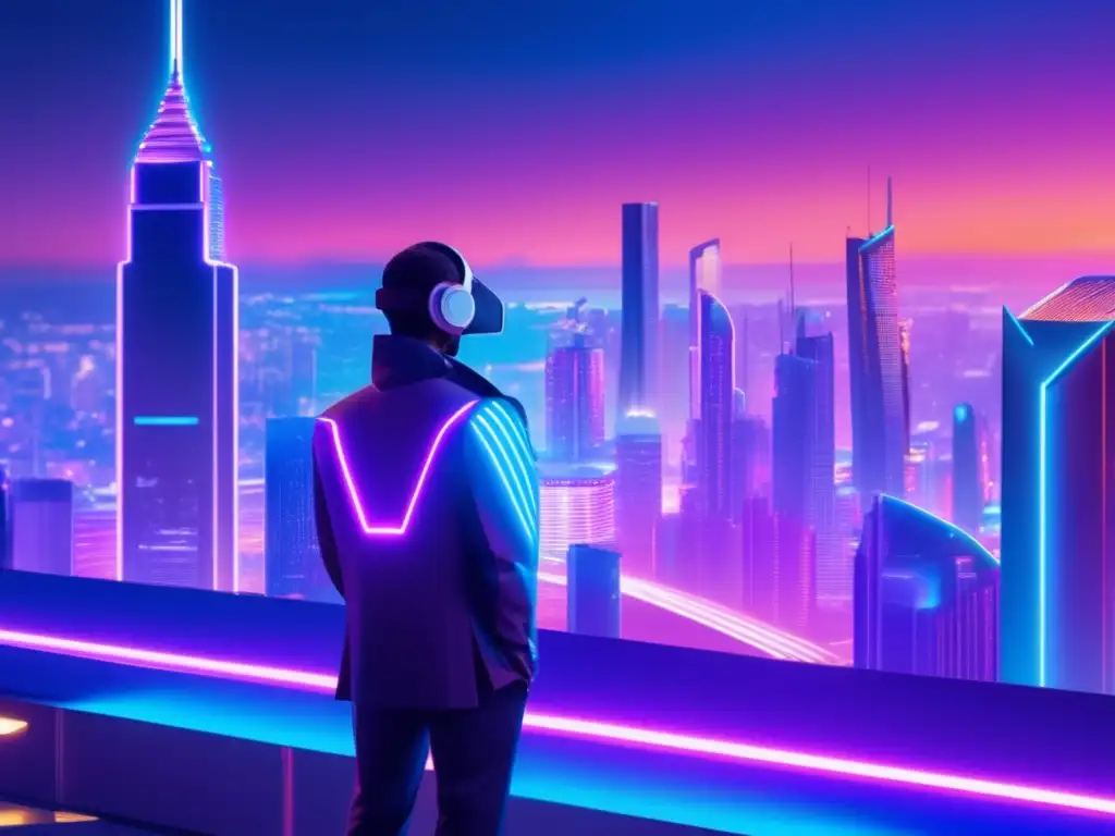Ciudad futurista con rascacielos y criptomonedas Futurista ciudad nocturna con rascacielos iluminados por luces neón y hologramas de criptomonedas