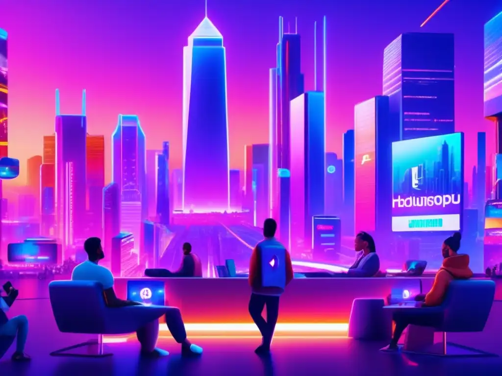 Futuro urbano con criptomonedas Futurista ciudad nocturna con rascacielos holográficos y personas diversa discutiendo, reflejando la guía de staking para inversiones