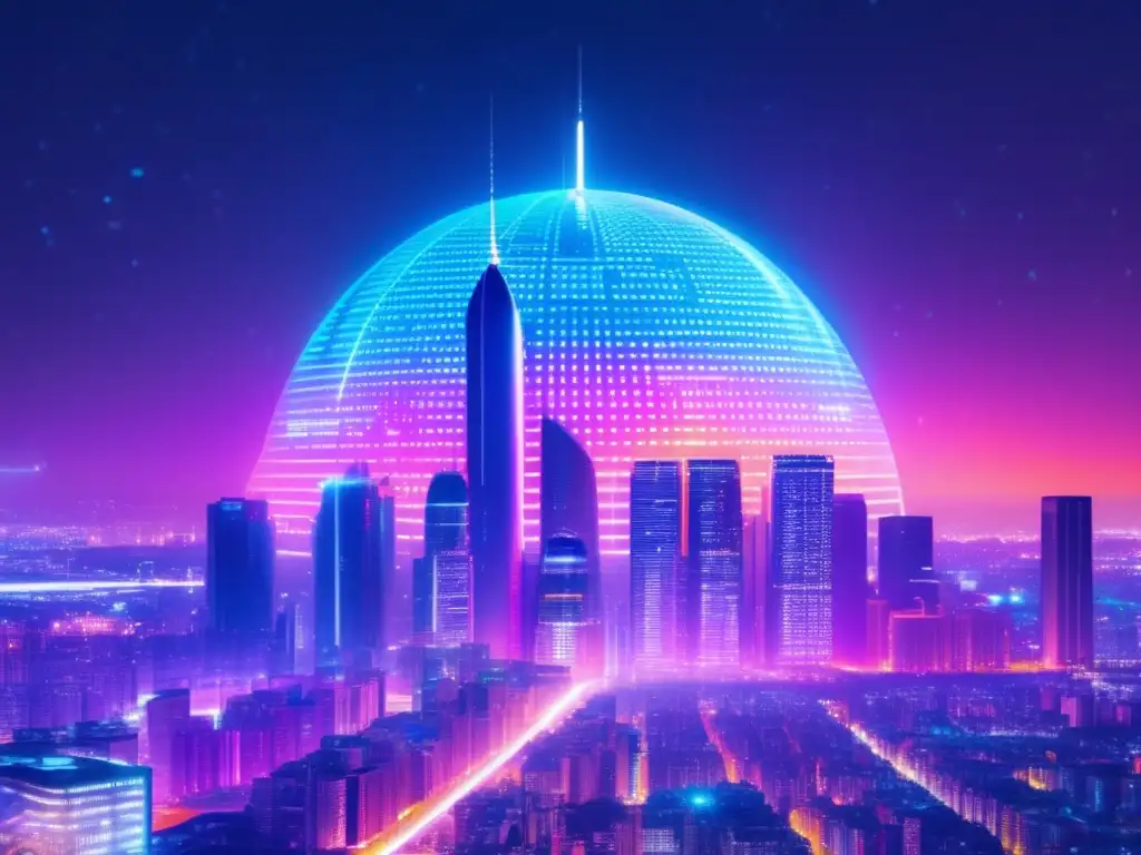 Ciudad futurista con rascacielos y criptografía Futurista ciudad nocturna con rascacielos, luces neón, criptografía y seguridad en criptomonedas