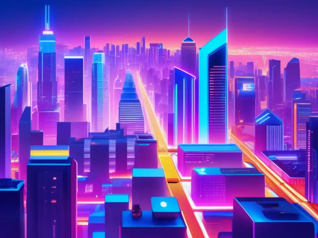 Ciudad futurista nocturna con luces neón vibrantes Futurista ciudad nocturna con rascacielos, luces neón y actividad frenética
