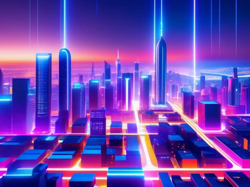 Futurista ciudad nocturna con rascacielos y tecnología avanzada Futurista ciudad nocturna 8k con rascacielos, luces neón y transacciones rápidas