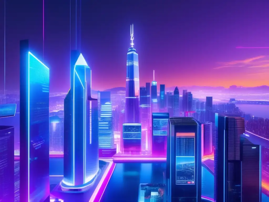 Ciudad futurista con luces de neón y rascacielos Futurista ciudad nocturna con rascacielos, luces neón y datos de criptomonedas