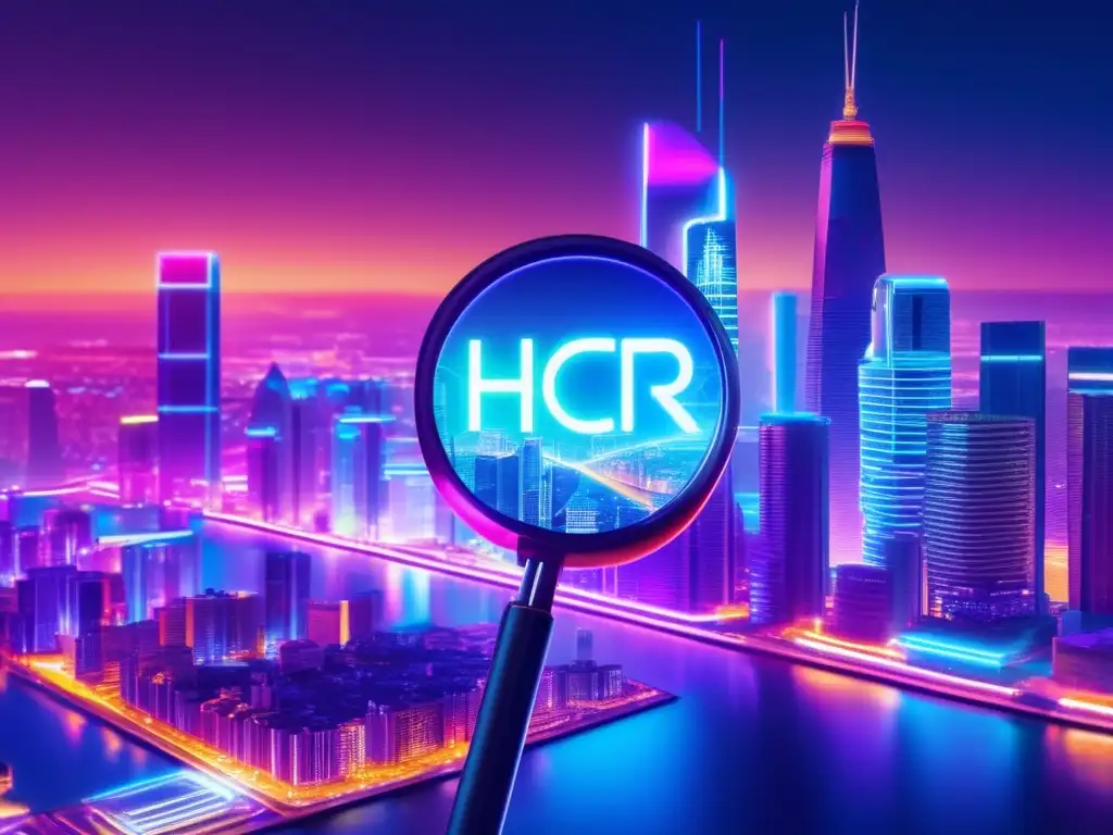 Futuro de las criptomonedas y contratos inteligentes Futurista ciudad nocturna con rascacielos iluminados por luces de neón, rodeada de una red digital