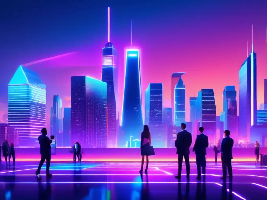 Futurista ciudad nocturna con rascacielos altos y luces neón Futurista ciudad nocturna con rascacielos altos, billboards digitales, inversores discutiendo, gráficos de políticas monetarias y inversiones