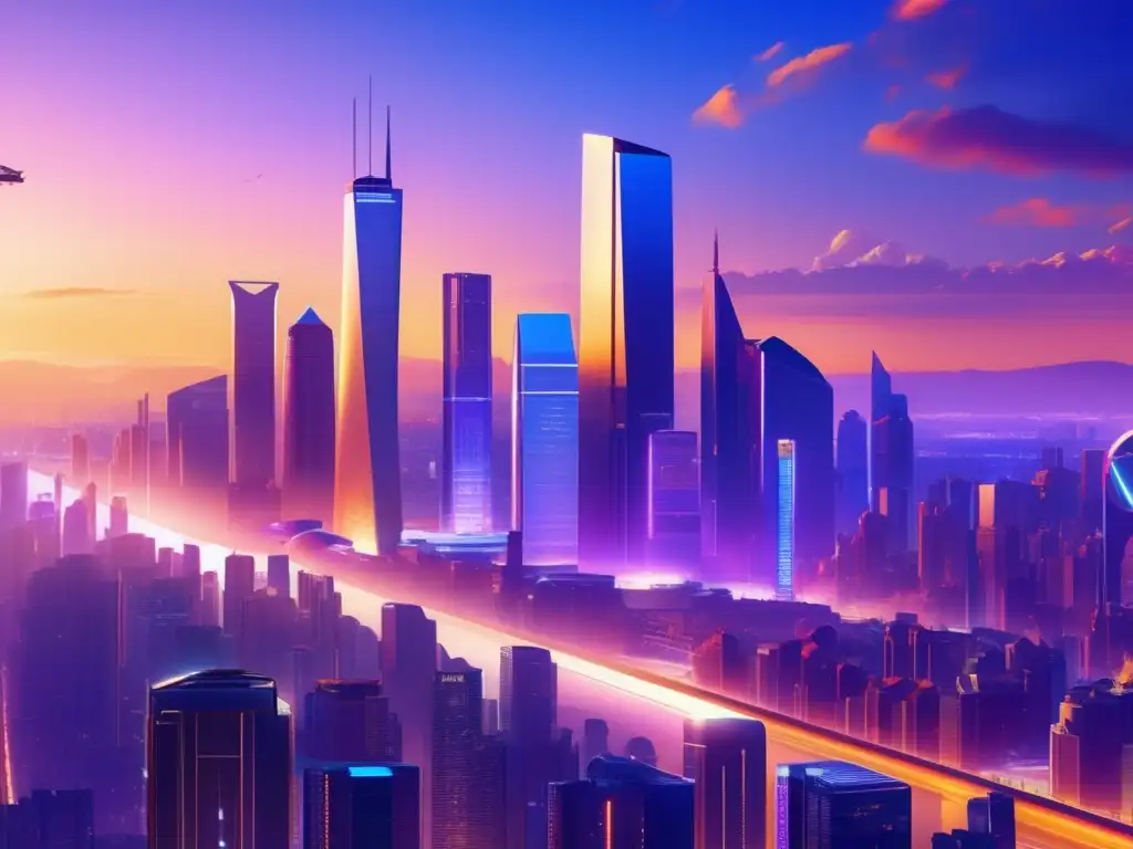Ciudad futurista con rascacielos y tecnología Futurista ciudad nocturna con rascacielos, pantallas digitales y personas con tecnología, simbolizando la fiscalidad para inversionistas en startups