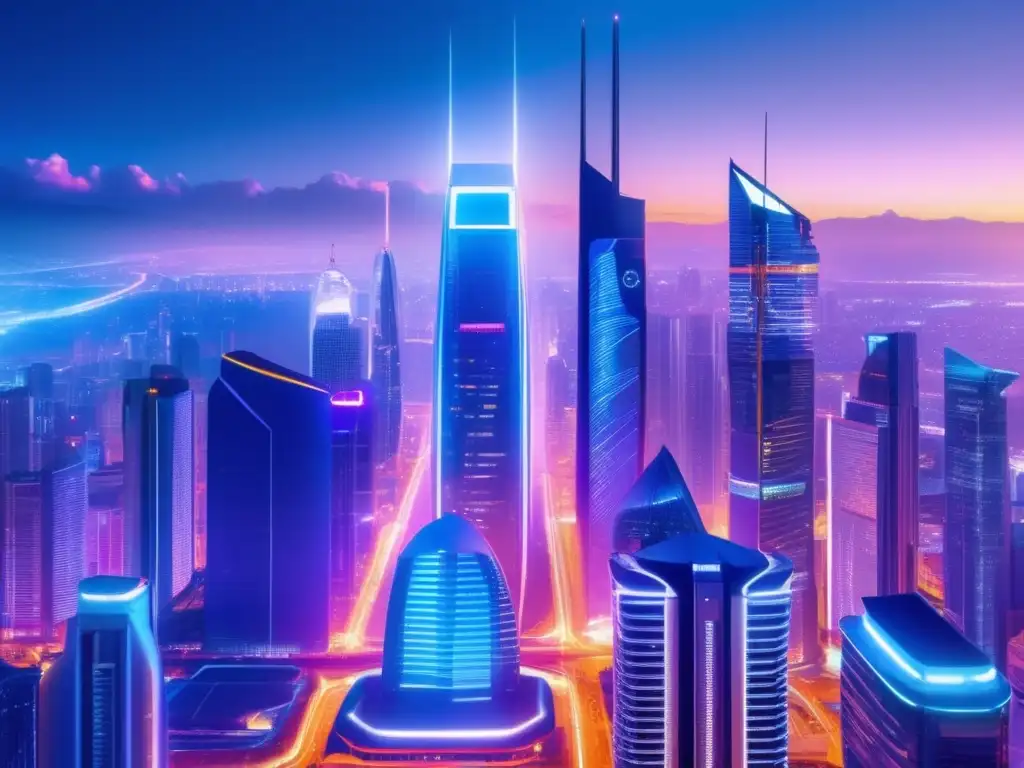 Futuro financiero en ciudad iluminada Futurista ciudad nocturna con rascacielos iluminados y vibrantes anuncios de bots de inversión pagos