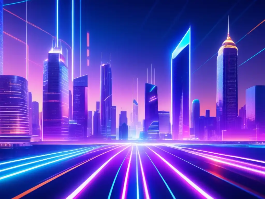 Ciudad futurista con luces neón, blockchain y símbolo Bitcoin Futurista ciudad nocturna con rascacielos, coches voladores y red blockchain