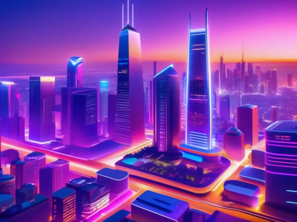 Ciudad futurista: Startups y negocios en crecimiento Futurista ciudad nocturna con rascacielos iluminados por luces neón