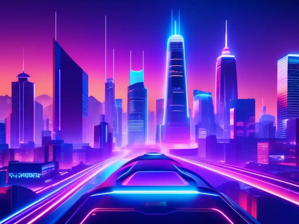 Futuro urbano: Rascacielos y luces de neón Futurista ciudad nocturna con rascacielos iluminados por luces neón, pantallas gigantes de plataformas de streaming y gente en realidad virtual