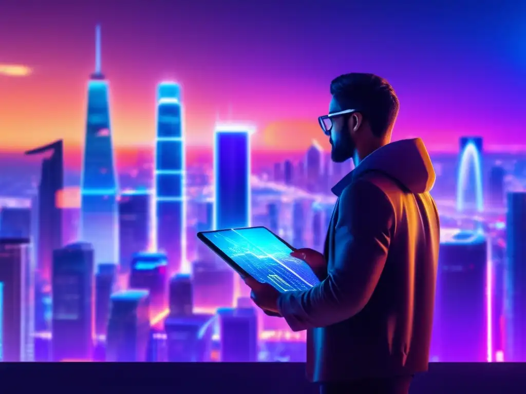 Ciudad futurista con criptomonedas Futurista ciudad nocturna con rascacielos iluminados y datos de criptomonedas