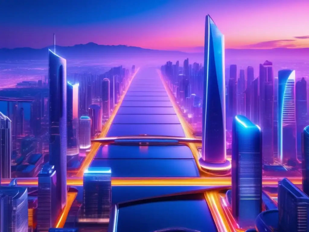 Futurista ciudad nocturna con rascacielos iluminados Futurista ciudad nocturna con rascacielos y arquitectura innovadora