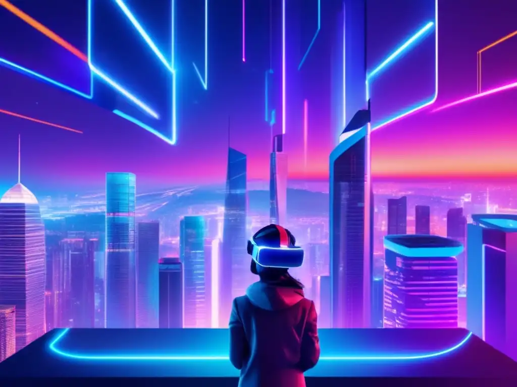 Ciudad futurista con rascacielos iluminados Futurista ciudad nocturna con rascacielos iluminados por luces neón