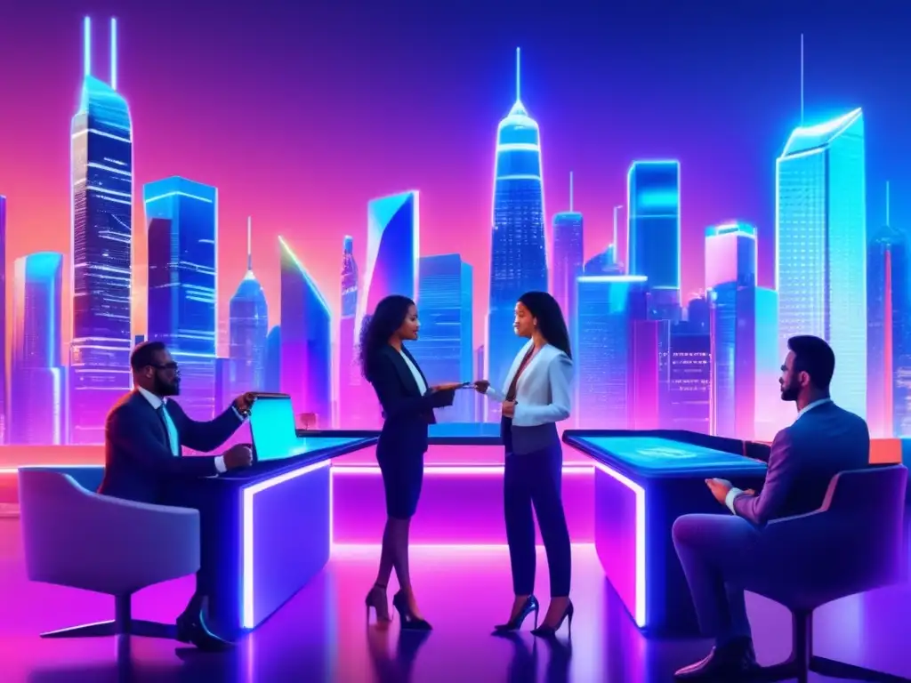 Ciudad futurista iluminada por luces neón con profesionales discutiendo Futurista ciudad nocturna con rascacielos iluminados por luces neón y hologramas de blockchain