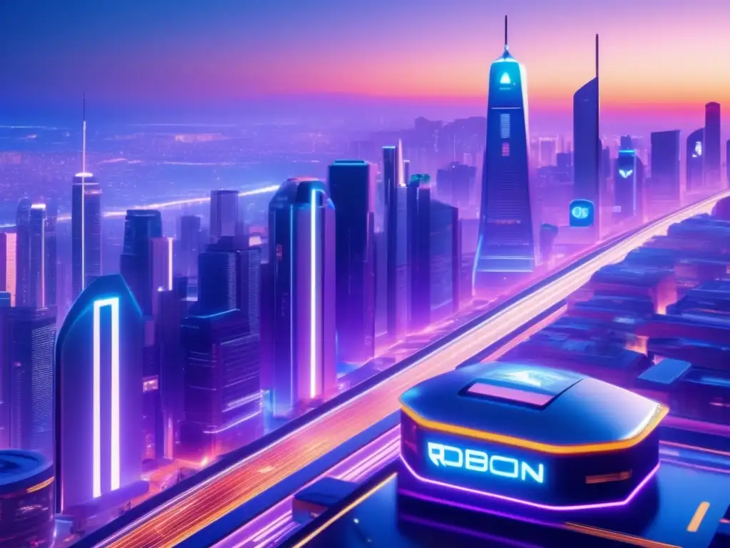 Ciudad futurista con Roboadvisors Futurista ciudad nocturna con rascacielos modernos, autos autónomos y el logo de Roboadvisor en un cartel digital