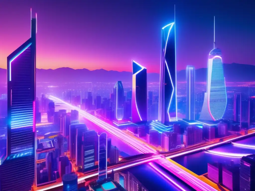 Ciudad futurista con rascacielos iluminados en neon Futurista ciudad nocturna, rascacielos iluminados en neón, actividad frenética, símbolo de moneda digital, fintech democratizando dinero