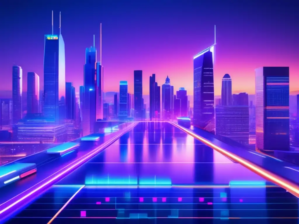 Ciudad futurista con rascacielos modernos Futurista ciudad nocturna con rascacielos modernos y luces de neón