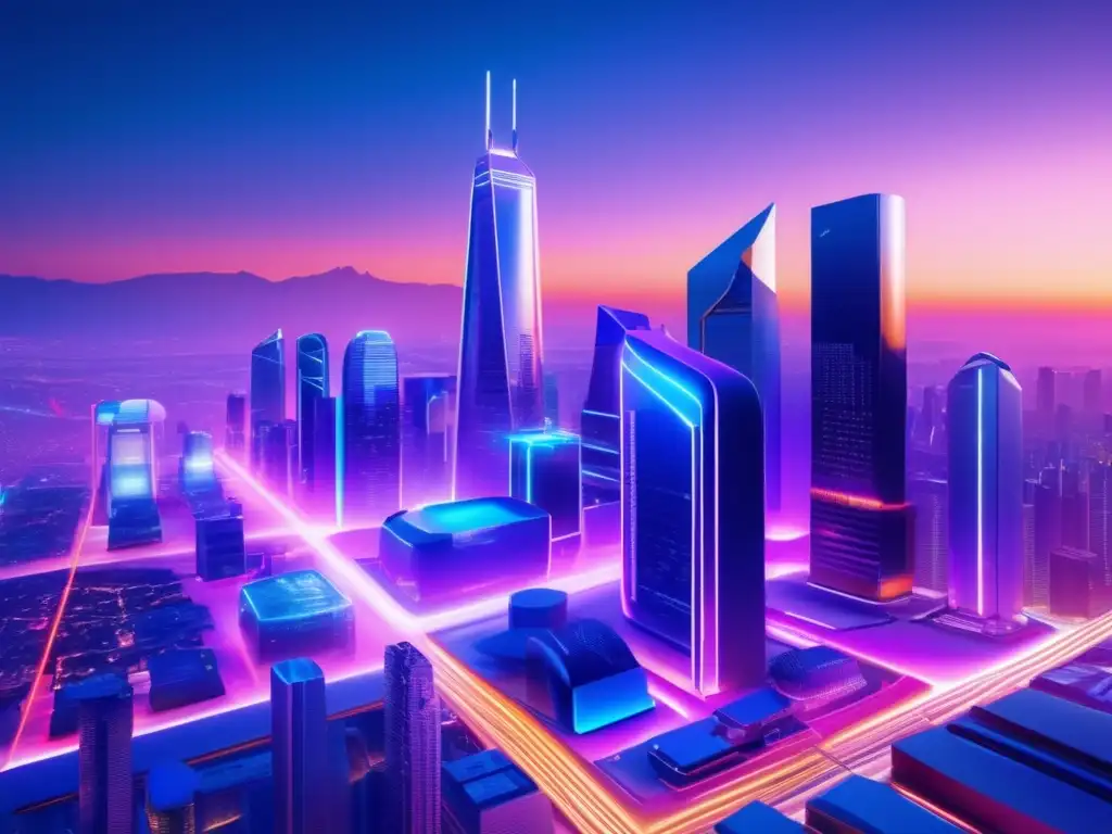 Futurista ciudad nocturna con rascacielos de vidrio y acero, luces de neón y tecnología blockchain
