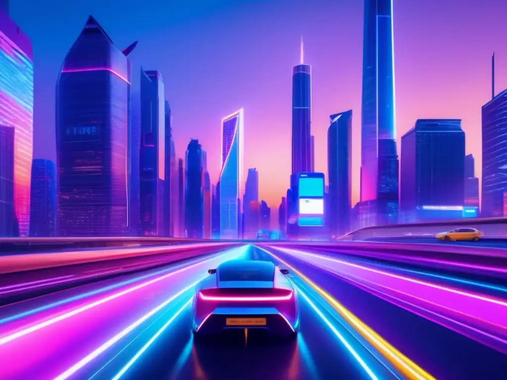 Futuro de las IPOs: Ciudad futurista con rascacielos iluminados Futurista ciudad nocturna con rascacielos iluminados por luces de neón