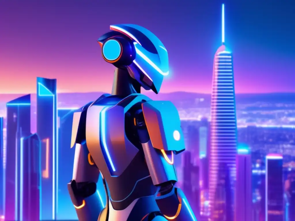 Ciudad futurista con inteligencia artificial Futurista ciudad nocturna con rascacielos iluminados por luces neón, y un robot IA analizando datos financieros
