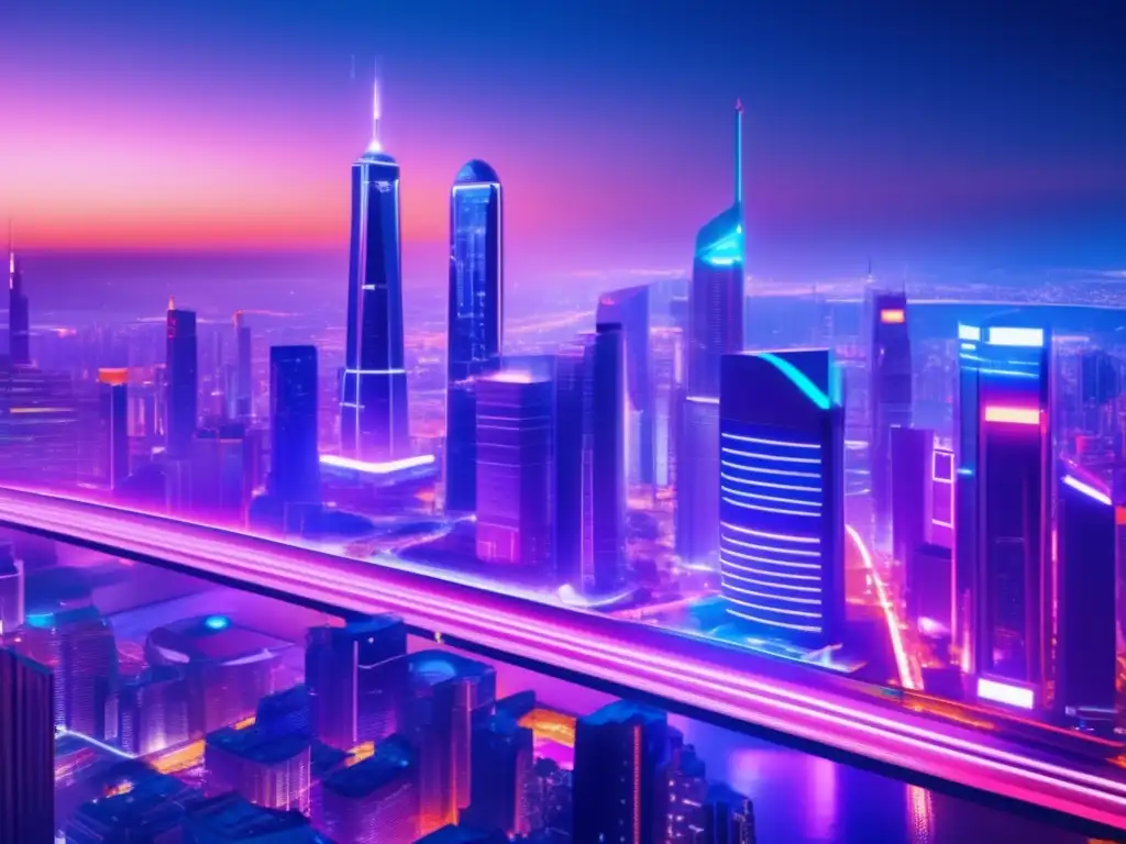 Ciudad futurista iluminada por luces de neón Futurista ciudad nocturna con rascacielos iluminados por luces de neón, mostrando estrategias personalizadas de inversión