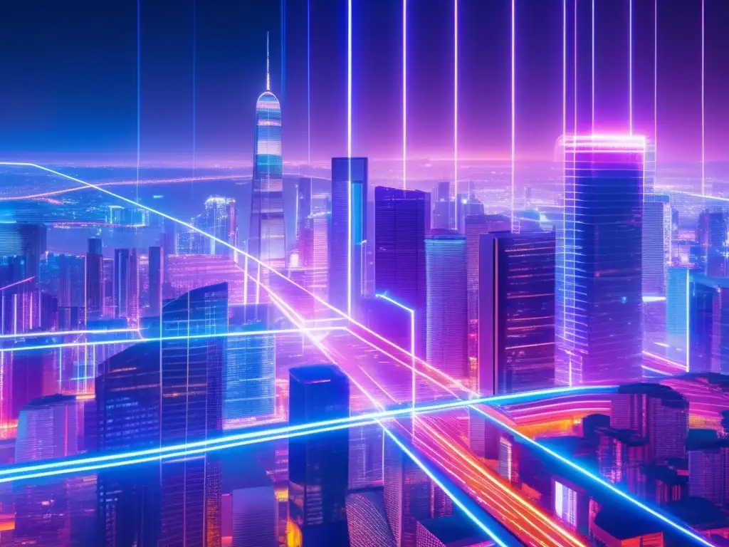 Ciudad futurista iluminada por luces de neón Futurista ciudad nocturna con rascacielos de vidrio, luces de neón y operadores de alta frecuencia de trading con IA