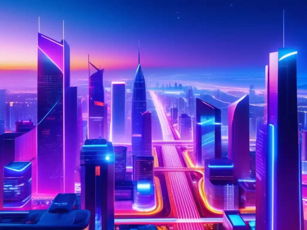 Ciudad futurista iluminada con luces neón Futurista ciudad nocturna con rascacielos, luces neón y tecnología avanzada