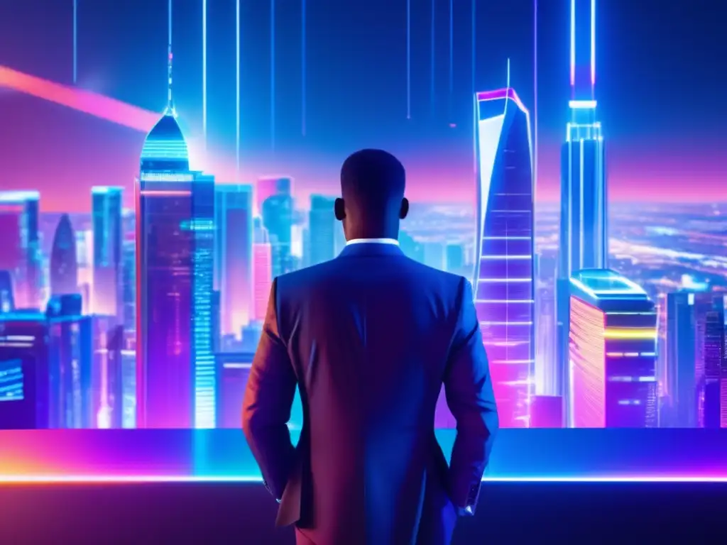 Futuro financiero seguro y moderno Futurista ciudad nocturna con rascacielos holográficos y seguridad financiera en plataformas Fintech