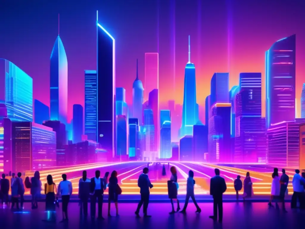 Futuro ciudad financiera diversa Futurista ciudad nocturna con rascacielos iluminados por luces neón, actividad financiera, diversidad y estrategias de inversión a corto plazo