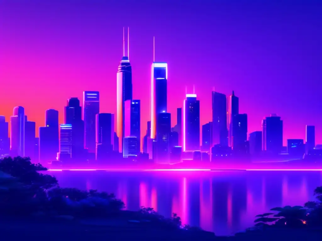 Ciudad futurista al atardecer con rascacielos y naturaleza Futurista ciudad nocturna con rascacielos modernos, naturaleza, tecnología y personas