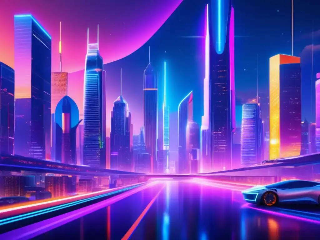Futurista ciudad nocturna con rascacielos y tecnología Futurista ciudad nocturna rodeada de circuitos brillantes, destacando la importancia de la criptografía en la seguridad de criptomonedas